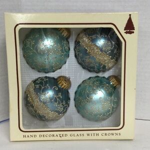 Christmas by Krebs Set of 4 VTG Bluish Gold Glitter Glass Ornaments